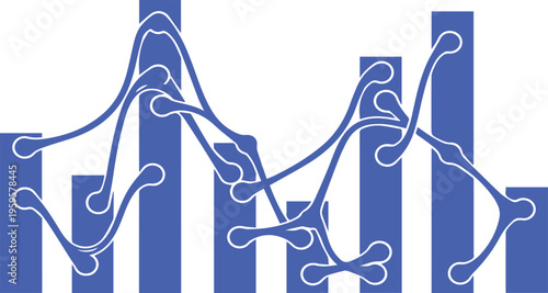 Blue financial data visualization chart, abstract bar graph with overlapping line nodes, corporate business analytics vector illustration