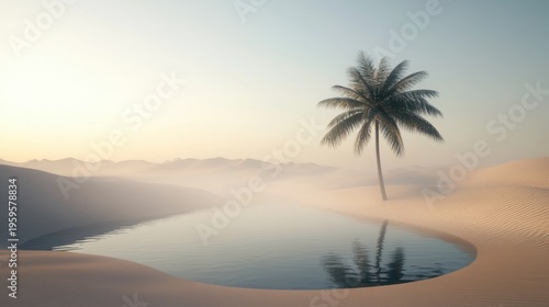 Tranquil Desert Oasis: Photorealistic Landscape with Palm Tree, Water Pool, Sand Dunes, Morning Mist, Soft Light
