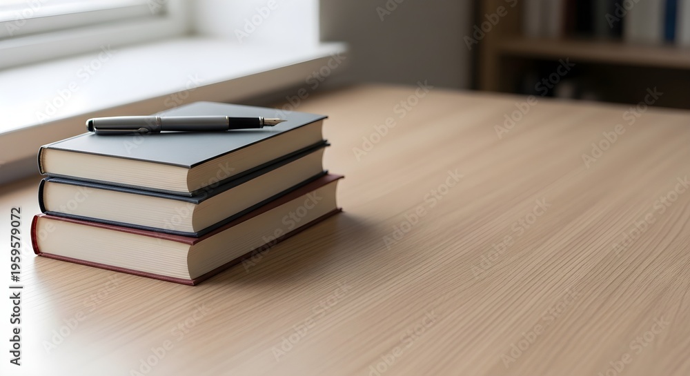 Naklejka premium Simple composition of books and pen on clean desk representing study and writing concepts with plenty of copy space.