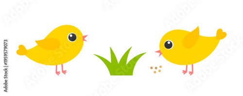 Easter chicks eating grain seeds and spring grass. Vector illustration.