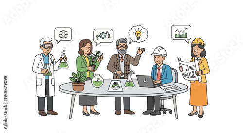 Diverse team collaborating on innovative green project with plants and lab equipment