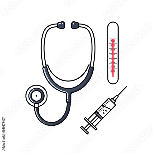 Medical healthcare equipment and diagnostic tools: Stethoscope, thermometer, and syringe vector icon set on white background.