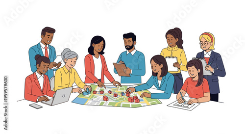 Diverse group of people working together on a project with a map