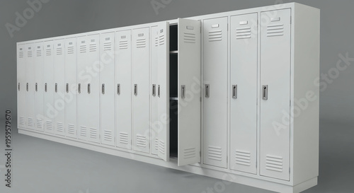 Wallpaper Mural School Gym lockers row. Students storage cabinets, white color closed metal closets one open on gray floor. 3d render Torontodigital.ca