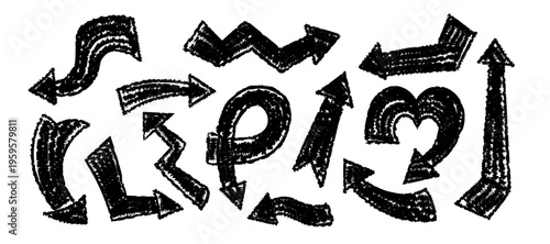 Rough crayon arrows in bold hand drawn style with heavy texture. Black directional doodle elements for expressive and creative design. Grunge bold group of arrows.