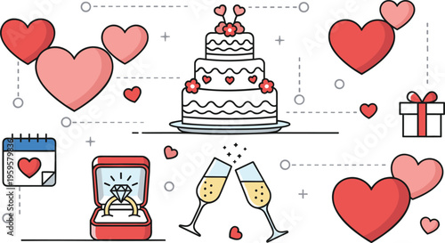 Wedding and love themed flat design illustration with cake, rings, champagne, and heart symbols.