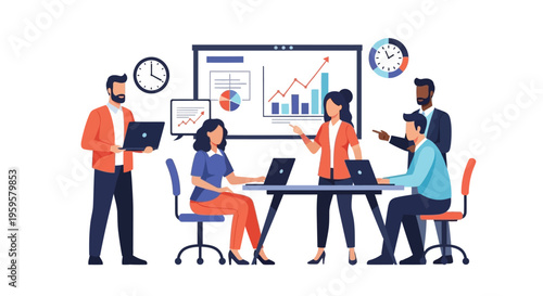 Business team meeting with graphs and charts on screen