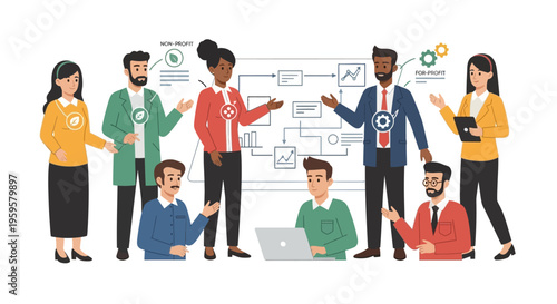 Diverse group of people discussing business strategy on whiteboard