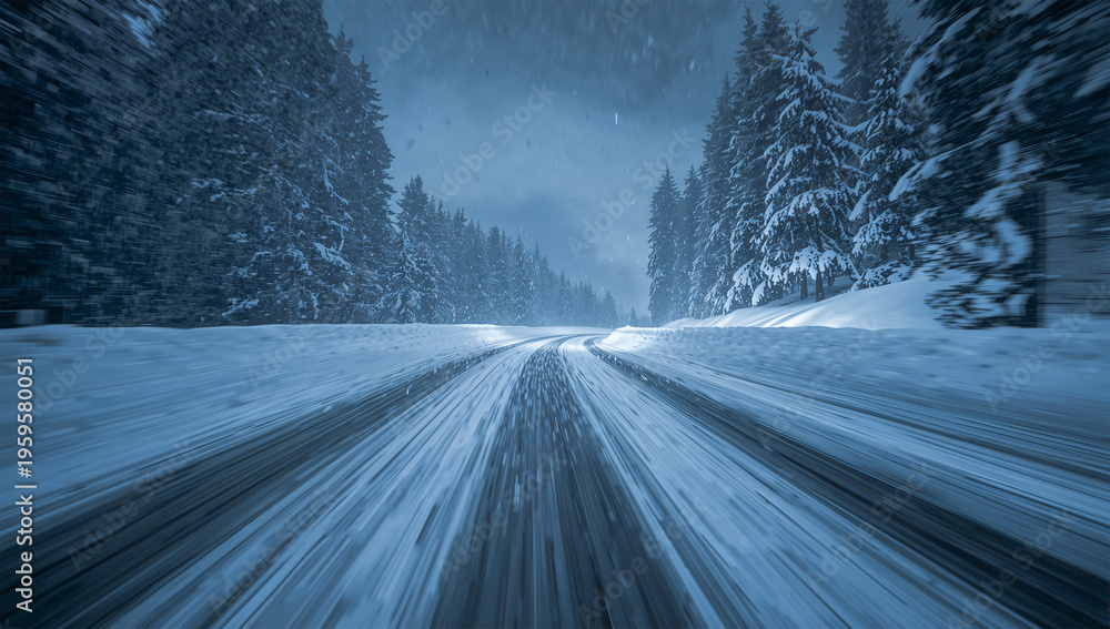 Fototapeta premium 吹雪の夜に雪道をのみ込むような白い風が走る冬の風景