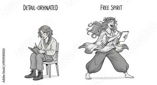 Detail oriented person and free spirit writing in notebooks
