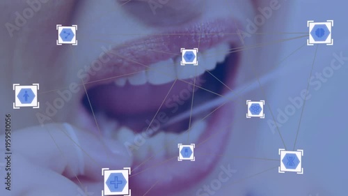 Close-up of mouth with dental icons and network connections, dental health animation
