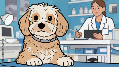 Dog waits for care at a veterinary clinic while a vet writes notes in the background