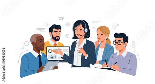 Diverse group of business professionals collaborating and discussing