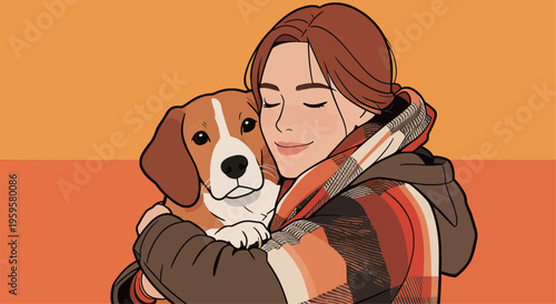 Young woman hugs beagle dog in a warm setting with orange background during a sunny day in autumn