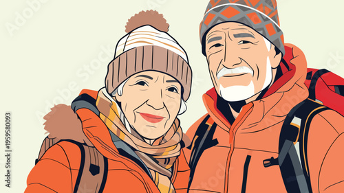 Elderly couple enjoys outdoor activity in winter attire while smiling in a snowy setting