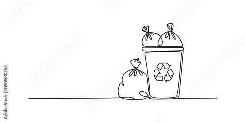 Single continuous line drawing of a recycling bin and trash bags for waste management.