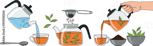 Tea brewing process set with teapot pouring herbal tea strainer leaves cup and kettle hand drawn vector illustration isolated