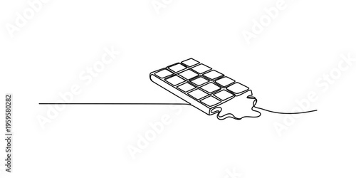 Continuous one line drawing of a chocolate bar melting on a white background.