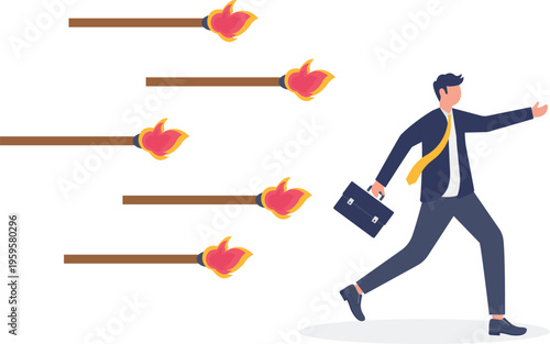 Businessman running away from flying flaming arrows