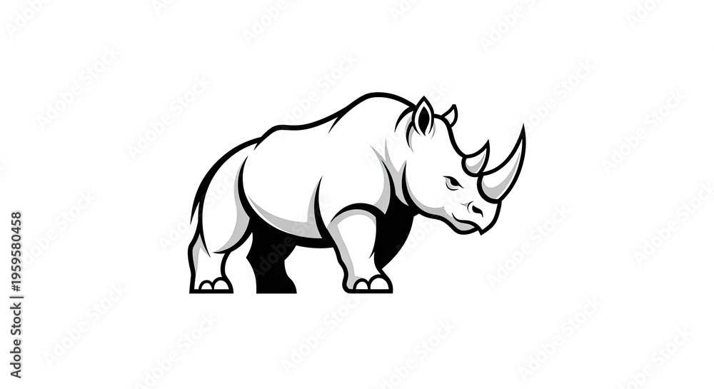 Obraz premium Bold black and white illustration of a rhinoceros against a plain white backdrop