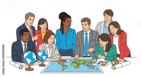 Diverse business team planning global strategy with world map