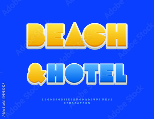 Vector Travel Advertisement Beach and Hotel. Trendy Blue Font. Abstract style Alphabet Letters and Numbers set.