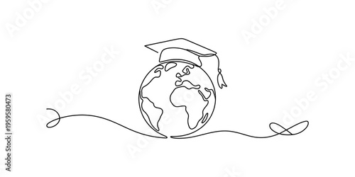One line drawing of a globe wearing a graduation cap symbolizing global education