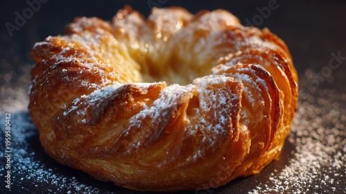 A delicious pastry covered in powdered sugar on a dark surface