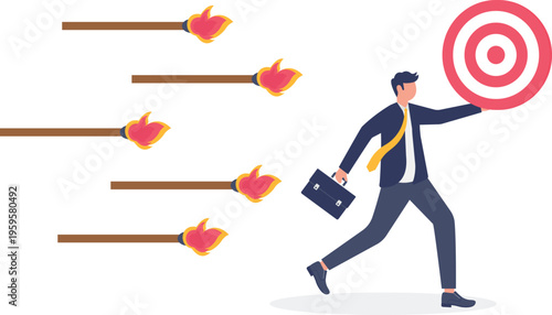 Businessman running with a red target from flaming arrows