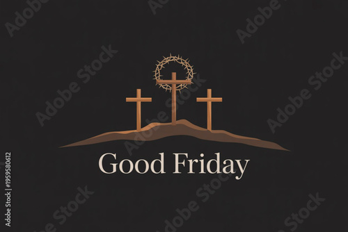 Good Friday Illustration with Three Crosses and Crown of Thorns on Dark Background