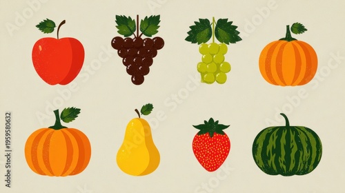 Assortment of colorful produce items featuring various fruits and gourds arranged neatly