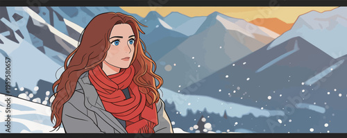 Young woman with long hair in a winter landscape with snow-covered mountains during sunset