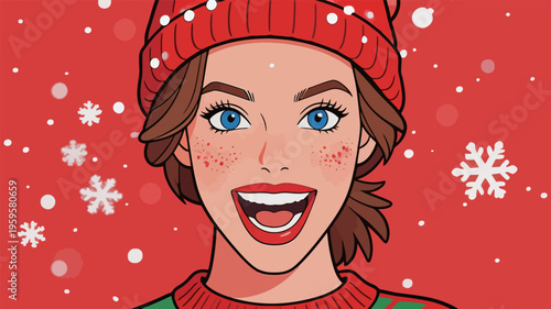 Woman with bright smile wearing red hat, snowflakes in background during winter season celebration