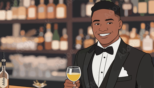 Man in black suit holds drink at bar during evening gathering with shelves of bottles in the background