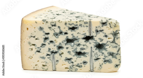 Delicious wedge of gourmet blue cheese, a pungent and creamy dairy product with distinctive marbling, perfect for culinary and snacking applications on a white background