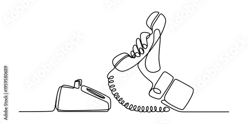 Single line art illustration of a hand lifting a vintage telephone handset from its base