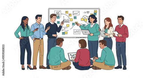 Diverse group of people brainstorming and collaborating around a whiteboard