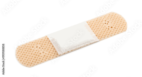 Close-up of a single adhesive bandage on a plain white background, a first aid supply for minor injuries
