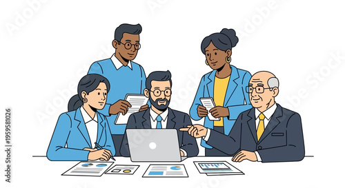 Diverse group of business professionals collaborating around a laptop