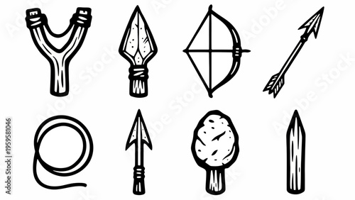 Collection of primitive hunting and combat tools slingshot, arrows, bow, rope, spear, tree, and wooden stake