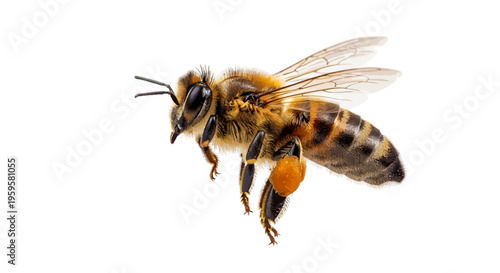 Close-up photo of a bee hovering in mid-air, its wings blurred from motion