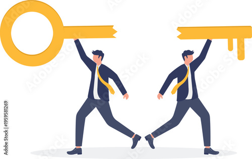 Two professionals pulling a giant broken gold key