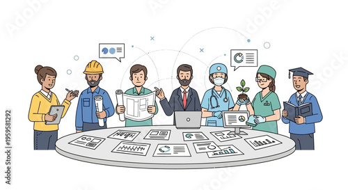 Diverse professionals collaborating around a table with charts and graphs