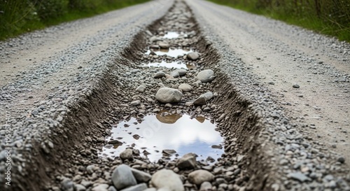 A perspective shot of a poorly maintained dirt road featuring deep ruts and puddles reflecting the sky.