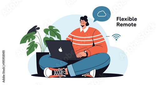 Flexible remote worker on laptop with plant