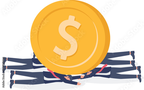 Group of tiny professionals crushed under a giant gold coin