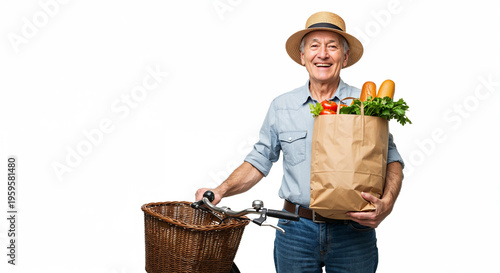 Wallpaper Mural cheerful pensioner smiling whole hoding paper bag with groceries and bicycle isolated on white Torontodigital.ca