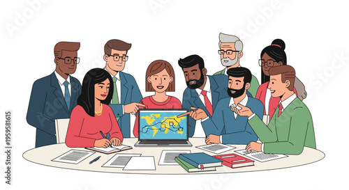 Diverse business team discussing global strategy around a laptop