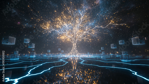 宇宙のような空間に輝く光の樹が広がる幻想的な未来背景