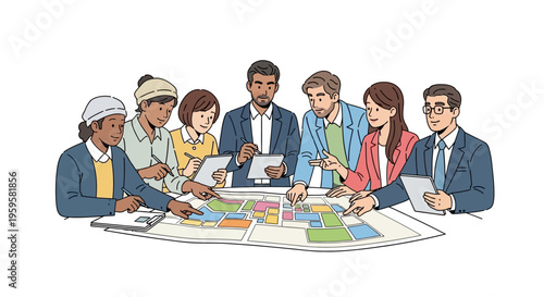 Diverse group of people collaborating on a colorful project plan